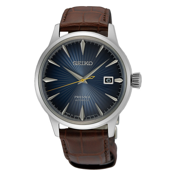Seiko Men's Blue Sunray Dial Brown Leather Band Presage Cocktail Time Automatic Analog Watch - SRPK15