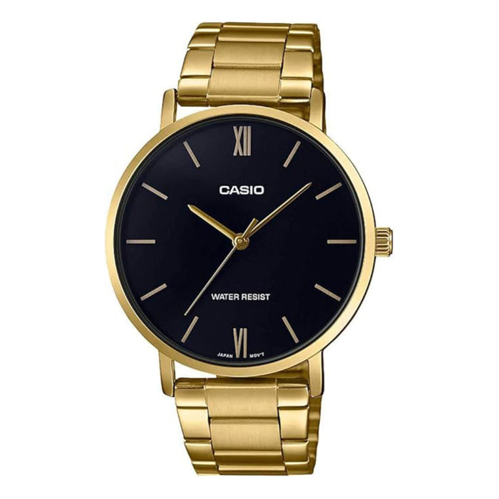 Casio Men's Black Dial Gold Stainless Steel Band Analog Japanese Quartz Watch - MTP-VT01G-1BUDF