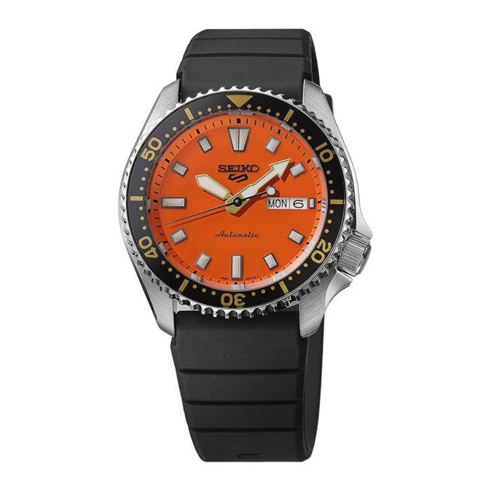 Seiko 5 Sports Men's Orange Dial Black Silicone Band Analog Automatic Watch - SRPL89