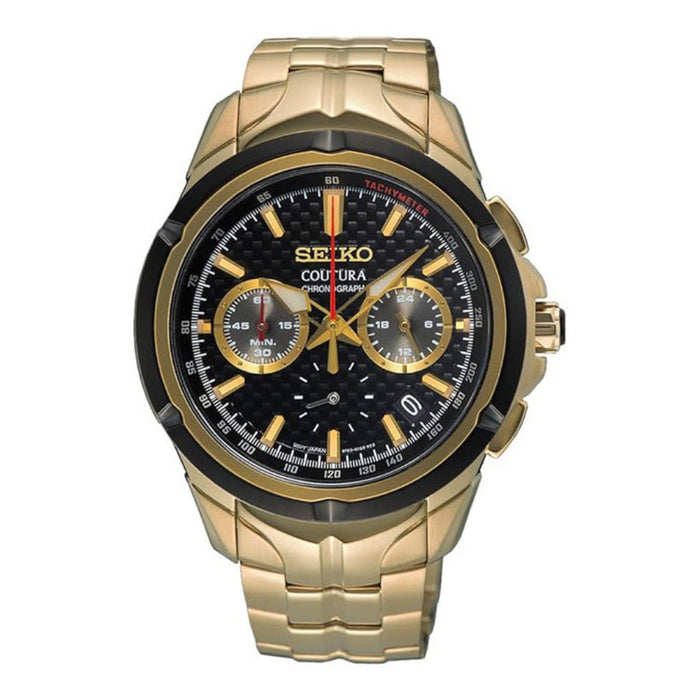 Seiko Coutura Men's Black Dial Light Gold Stainless Steel Band Analog Chronograph Quartz Watch - SSB440