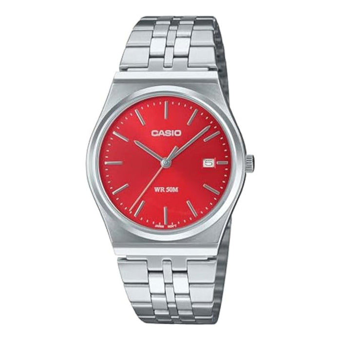 Casio Men's Red Dial Silver Stainless Steel Band 3-Hand Analog Japanese Quartz Watch - MTP-B145D-4A2VDF
