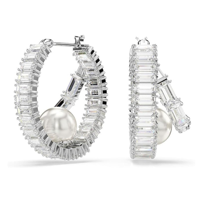Swarovski Women's Clear Crystal & Pearls Rhodium Finish Pierced Earrings Hoops - 5720868