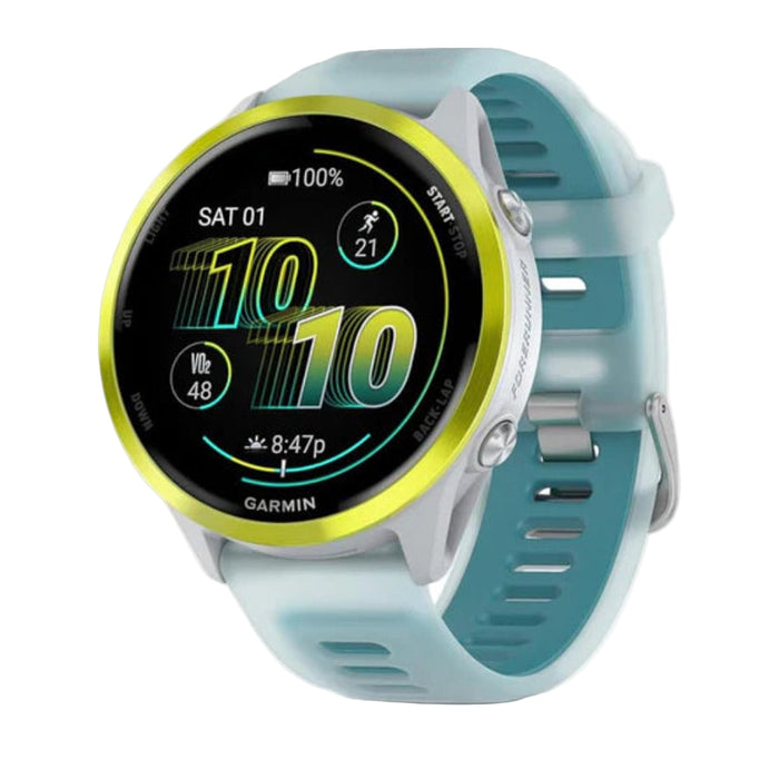 Garmin® Forerunner® 570 47 MM Unisex Amp Yellow Aluminum With Translucent Whitestone/Turquoise Band AMOLED Display Training And Recovery Features Advanced GPS Running And Triathlon Smartwatch - 010-02971-01
