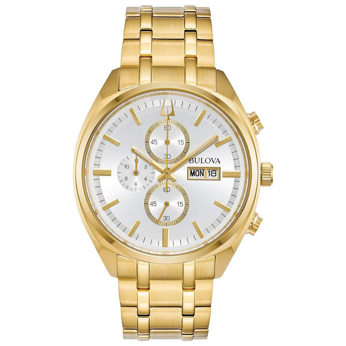 Bulova Men's White Dial Gold-Tone Stainless Steel Band Analog Quartz Watch - 97C109