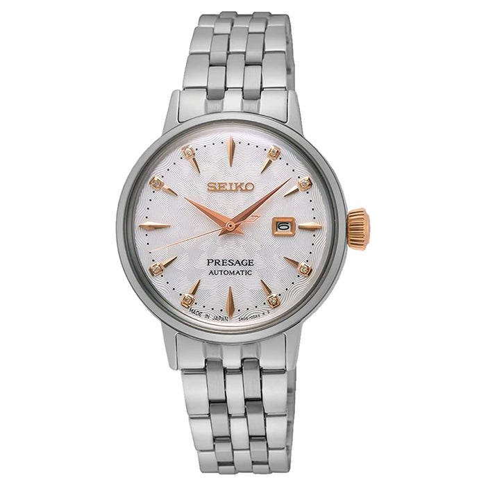 SEIKO Women's White Dial Silver Stainless Steel Band with Eight Diamond Maker Presage Automatic Quartz Watch - SRE009