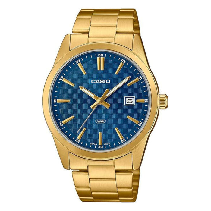 Casio Men's Blue Dial Gold Stainless Steel Band Analog Japanese Quartz Watch - MTP-VD03G-2AUDF