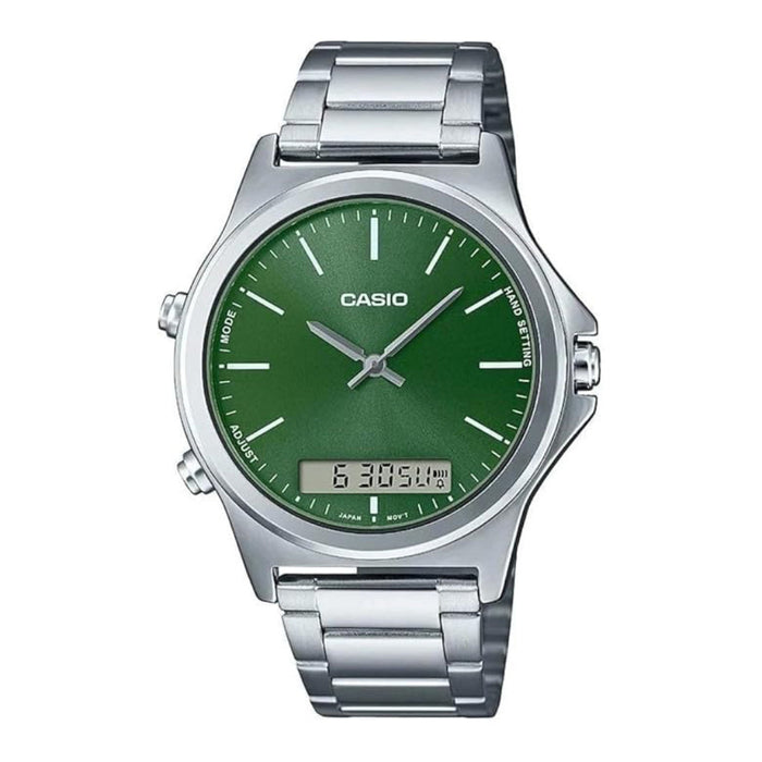 Casio Men's Green Dial Silver Stainless Steel Band Analog Japanese Quartz Watch - MTP-VC01D-3EUDF