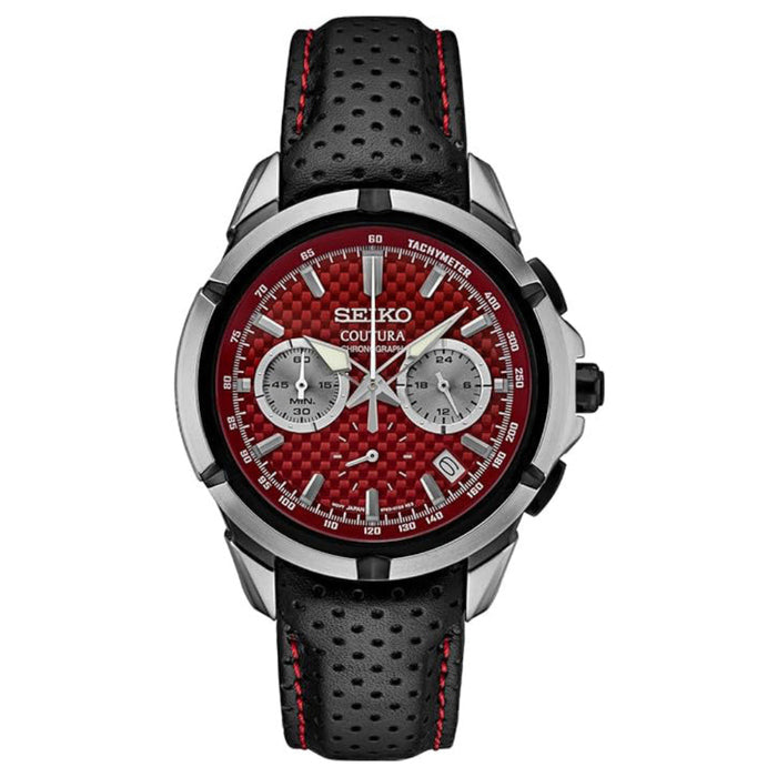 SEIKO Men's Red Dial Black Leather Band Analog Quartz Watch - SSB435