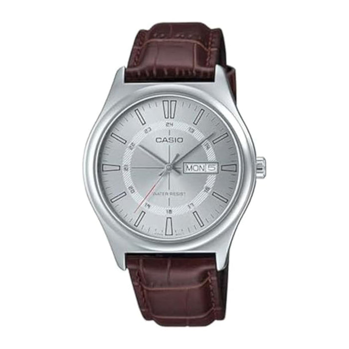 Casio Men's Silver Dial Brown Leather Band Analog Japanese Quartz Watch - MTP-V006L-7CUDF