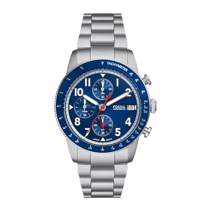 Fossil Men's Blue Dial Silver Stainless Steel Band Analog Quartz Chronograph Sport Tourer Watch - FS6047