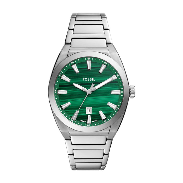 Fossil Everett Men's Green Dial Silver Stainless Steel Band Analog Quartz Three-Hand Watch - FS6056
