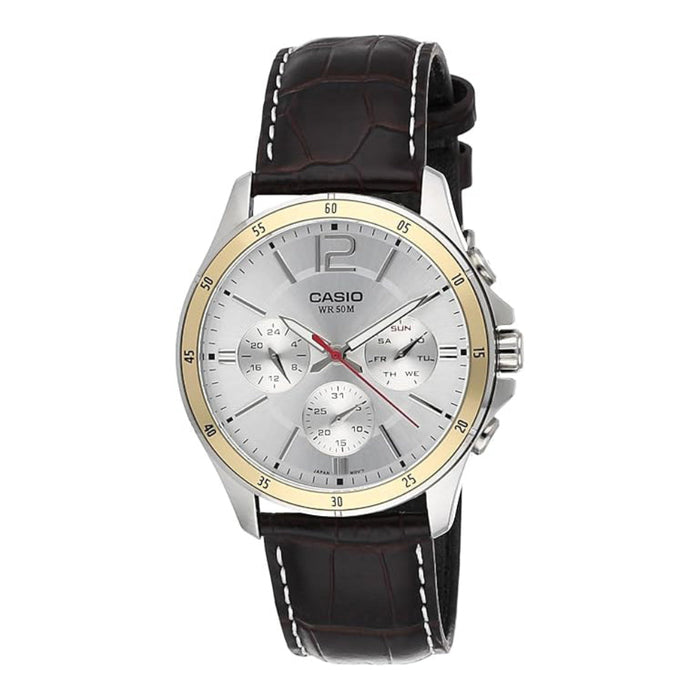 Casio Men's White Dial Brown Leather Band Analog Quartz Watch - MTP-1374L-7AVDF