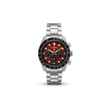 Seiko Men's Red Dial Silver Stainless Steel Band Analog Chronograph Quartz Solar Watch - SSC927