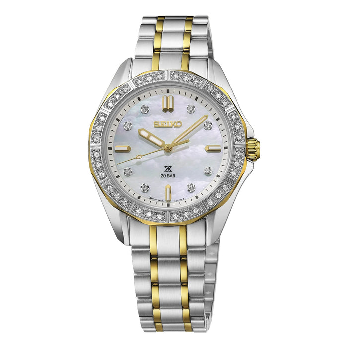 Seiko Women's Mother of Pearl Dial Gold And Silver Stainless Steel Band Analog Quartz Watch - SUR622