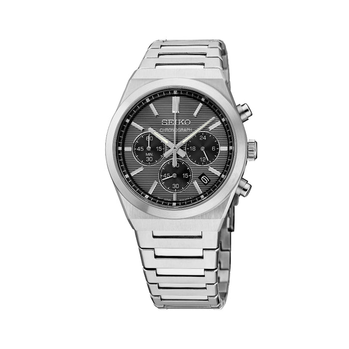 Seiko Men's Gray Dial Silver Stainless steel Band Analog Chronograph Quartz Watch - SSB455