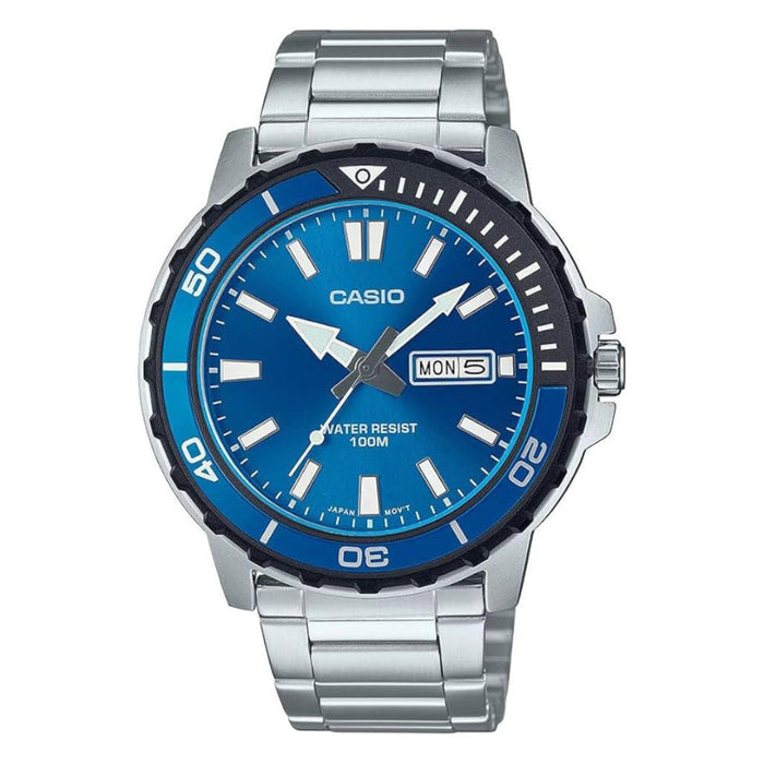 Casio Men's Blue Dial Silver Stainless Steel Band Analog Quartz Watch - MTD-125D-2A1VDF