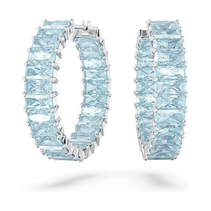 Swarovski Part of the Matrix Collection Women's Princess Cut Blue Crystals on Rhodium Finished Setting Matrix Hoop Earrings - 5659037