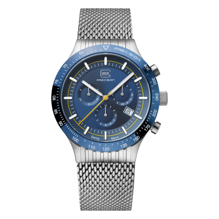 Glock Unisex Dark Blue Dial Silver-Tone Stainless Steel Band Chronograph Swiss Quartz Watch - GW-34-3-24