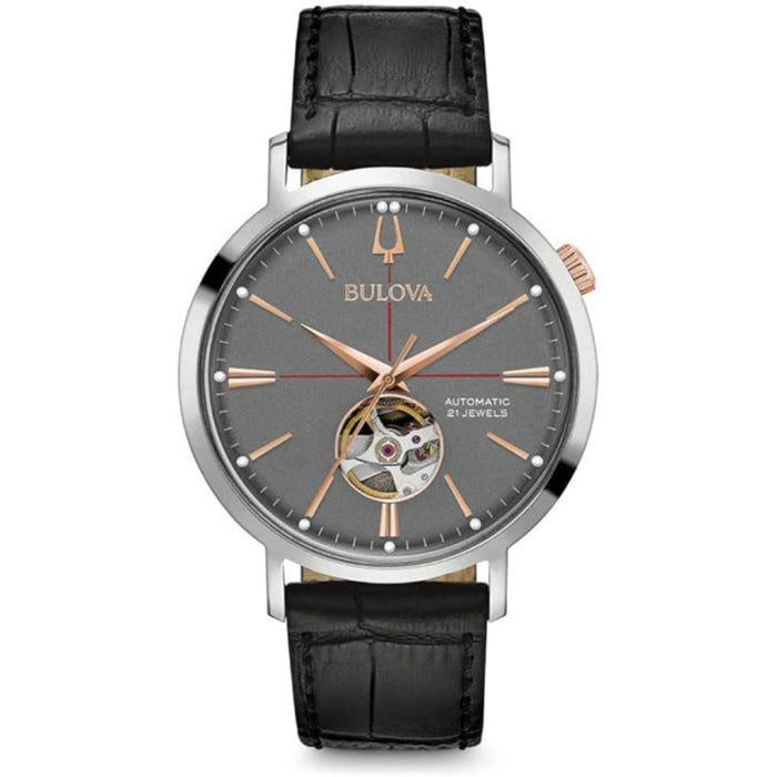 Bulova Men's Gray Dial Black Leather Band Analog Japanese Automatic Watch - 98A187