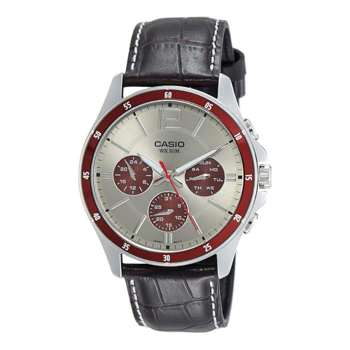 Casio Men's Grey Dial Brown Leather Band Analog Quartz Watch - MTP-1374L-7A1VDF