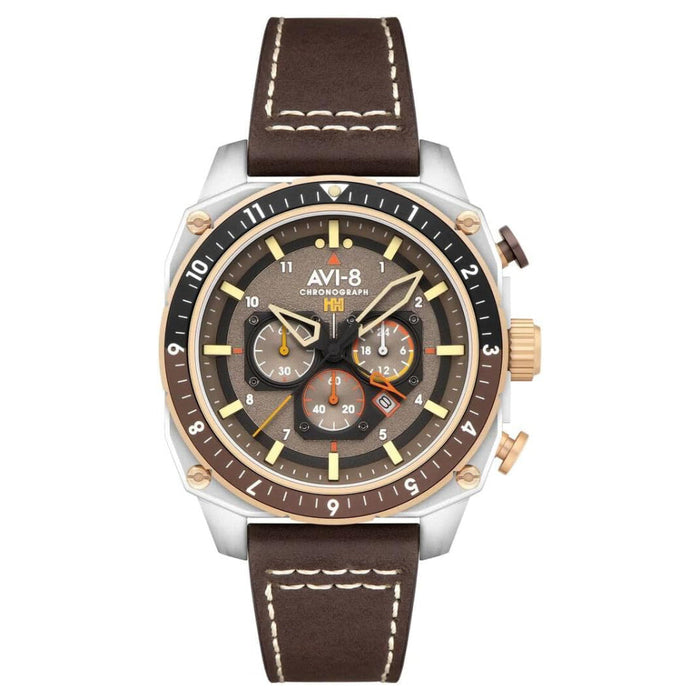 AVI-8 Unisex Grey Dial Brown Leather Band Hawker Hunter Atlas Dual Time Chronograph Analog Japanese Quartz Watch - AV-4100-05