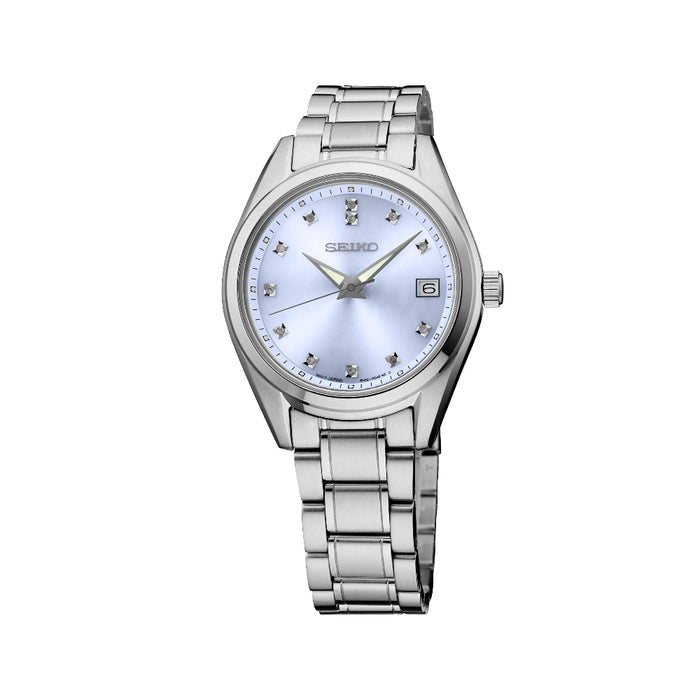 Seiko Women's Light Blue Dial Silver Stainless Steel Band Analog Quartz Watch - SUR581
