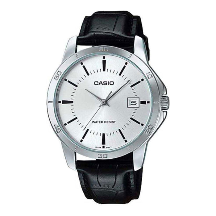 Casio Men's Silver Dial Black Leather Band Analog Japanese Quartz Watch - MTP-V004L-7AUDF