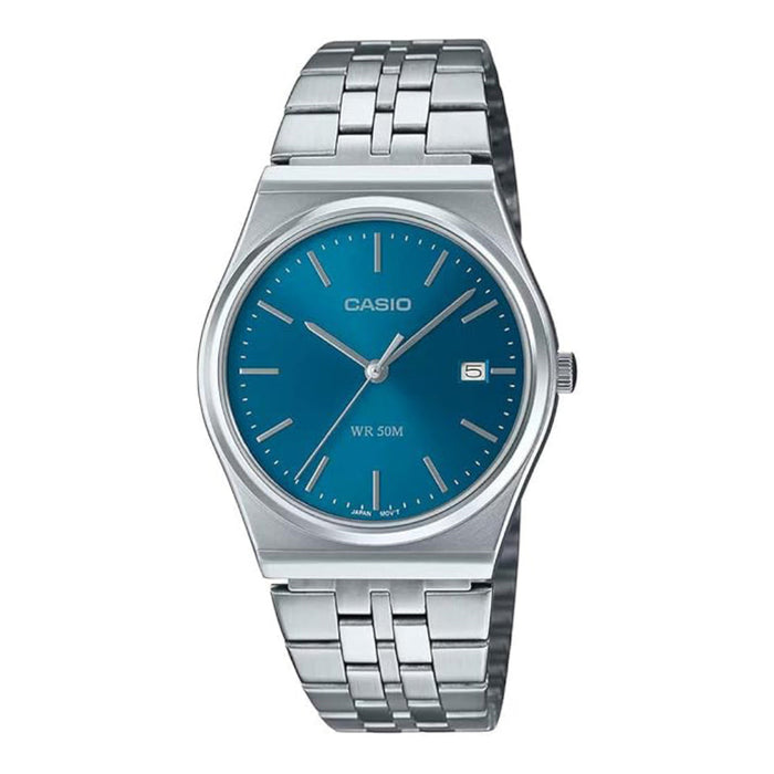 Casio Men's Blue Dial Silver Stainless Steel Band 3-Hand Analog Japanese Quartz Watch - MTP-B145D-2A2VDF