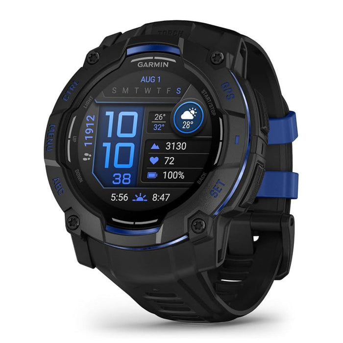 Garmin Instinct® 3 – 50 mm Unisex Black With Black/Bolt Blue Silicone Band Built-in Flashlight Supernova Collection Limited Edition Color AMOLED Display Rugged Outdoor GPS Smartwatch - 010-03020-03