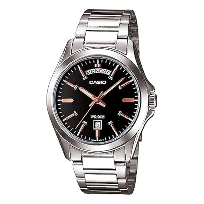 Casio Men's Black Dial Silver-Tone Stainless Steel Band Analog Japanese Quartz Watch - MTP-1370D-1A2VDF