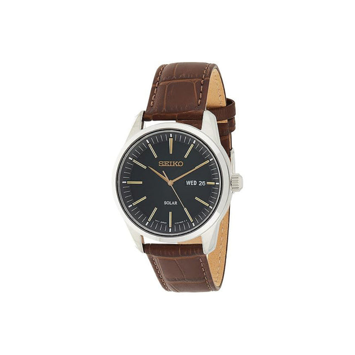 Seiko Men's Green Dial Brown Leather Band Analog Japanese Quartz Watch - SNE529