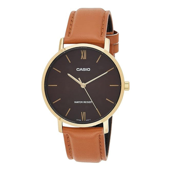 Casio Men's Burgundy Dial Brown Leather Band Analog Japanese Quartz Watch - MTP-VT01GL-5BUDF