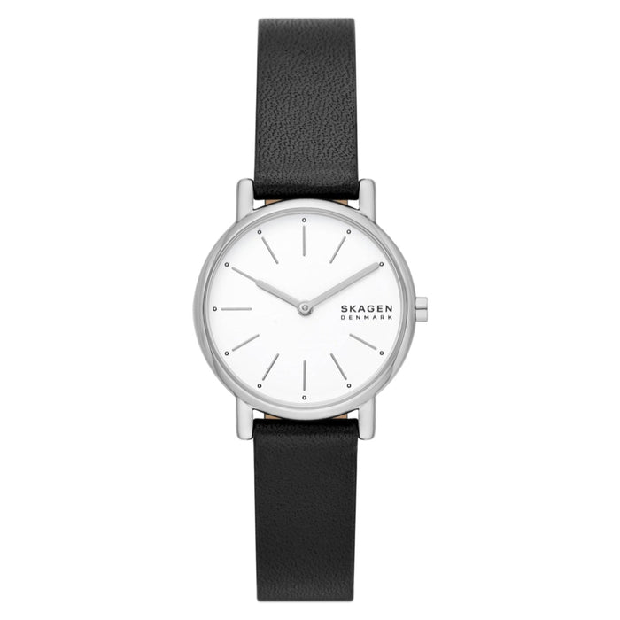 Skagen Signatur Lille Women's White Dial Black Leather Band Analog Quartz Two-Hand Silver Watch - SKW3120