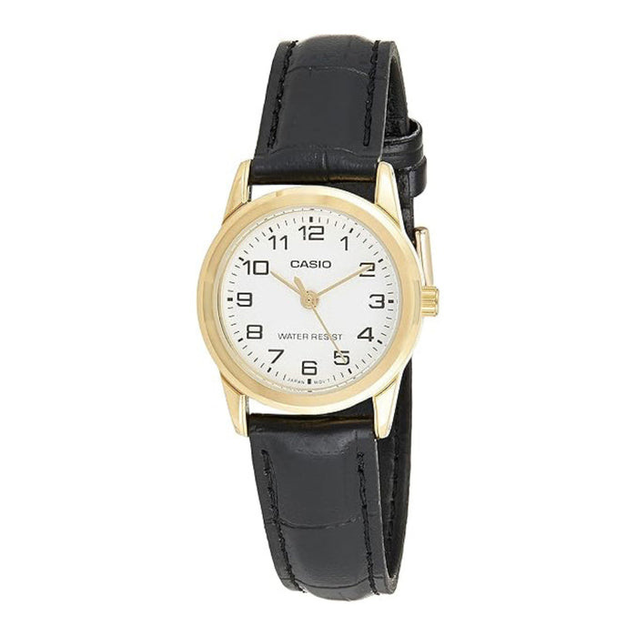 Casio Women's White Dial Black Leather Band Analog Japanese Quartz Watch - LTP-V001GL-7BUDF