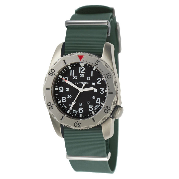Bertucci Men's Black Dial Vintage Drab Italian Rubber NATO Band Analog Swiss Quartz Watch - 12131