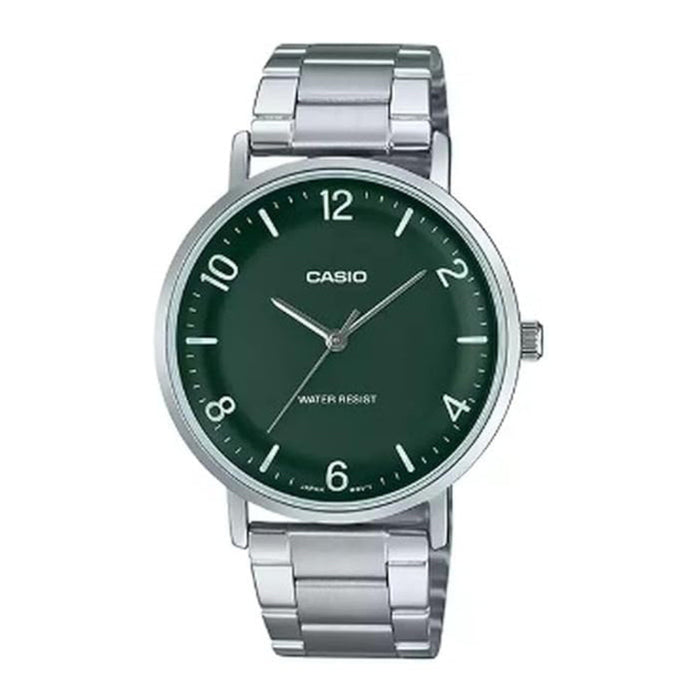 Casio Men's Green Dial Silver Stainless Steel Band Analog Japanese Quartz Watch - MTP-VT03D-3BDF