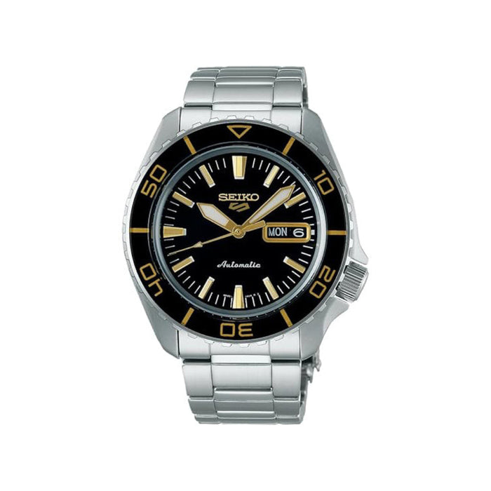 Seiko Men's Black Dial Silver Stainless Steel Band Analog Automatic 5 Sports Watch - SRPK99