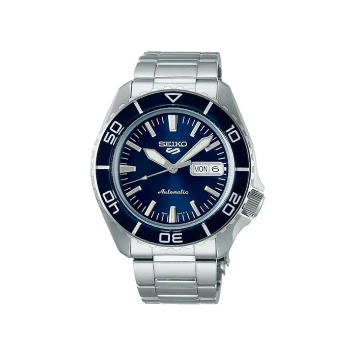 Seiko Men's Blue Dial Silver Stainless Steel Band Analog Automatic 5 Sports Watch - SRPK97