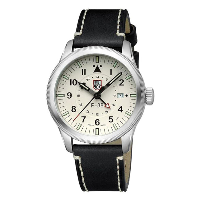 Luminox Men's Beige Dial Black Leather Band Analog Swiss Quartz Pilot Watch - XS.9527