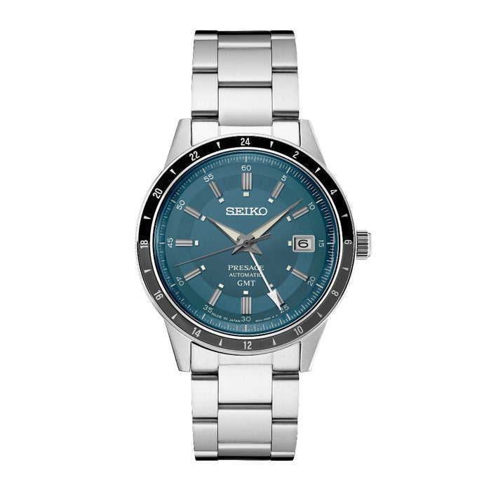 Seiko Men's Blue Dial Silver Stainless Steel Band Presage Automatic GMT Analog Watch - SSK009