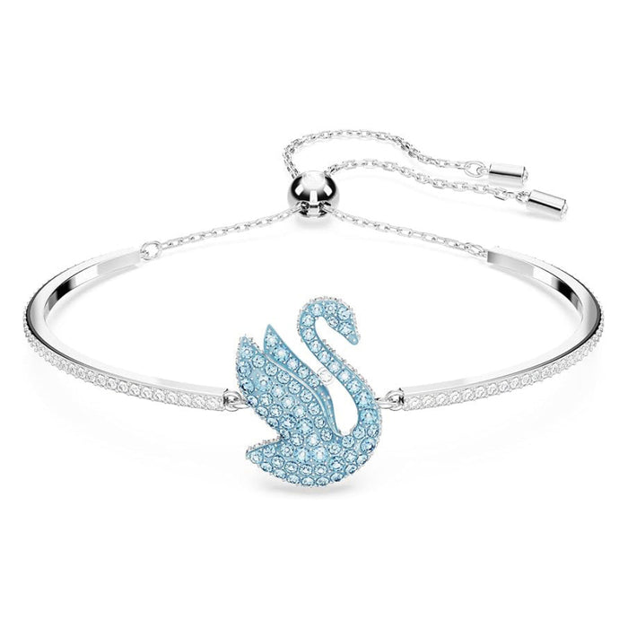 Swarovski Women's Rhodium Finished Swan Motif with Blue Pavé and Clear Stones Iconic Swan Bangle Bracelet - 5660595