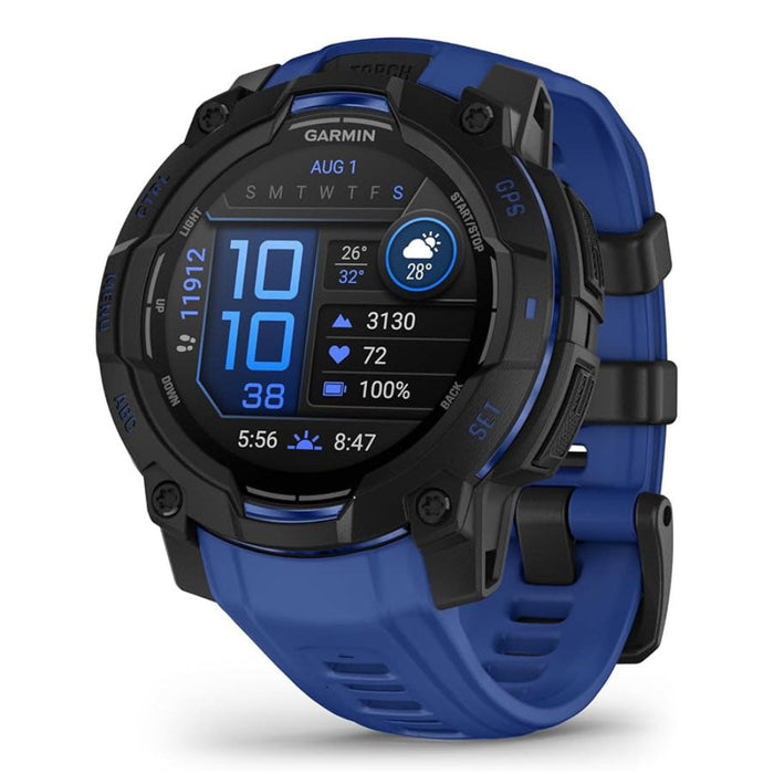 Garmin Instinct® 3 – 45 mm Unisex Black With Bolt Blue/Black Silicone Band Built-in Flashlight Supernova Collection Limited Edition Color AMOLED Display Rugged Outdoor GPS Smartwatch - 010-02936-03