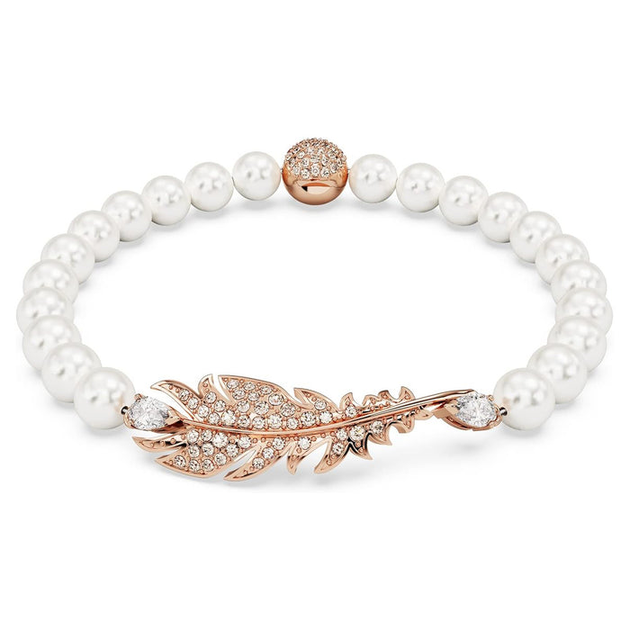 Swarovski Women's Rose Gold-Tone Finished Feather Motif with Pink Pavé and Clear Stones Small Size Nice Pearl Bracelet - 5663480