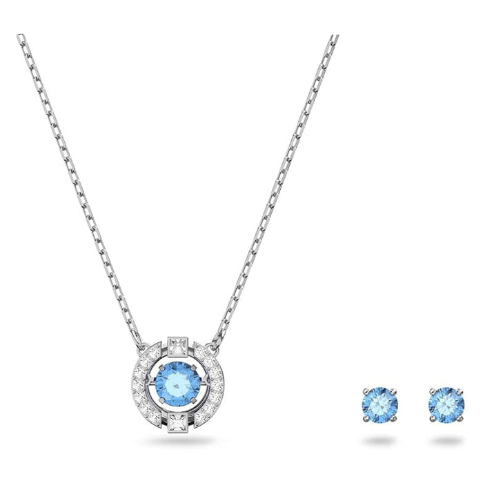 Swarovski Women's Blue Crystals On A Rhodium Plated Setting Una Round Pendant Necklace And Stud Pierced Earrings Set - 5480485