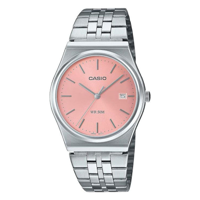 Casio Men's Pink dial Silver Band Analog Quartz Watch - MTP-B145D-4AVDF