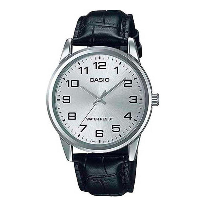 Casio Men's Silver Grey Dial Black Leather Band Analog Quartz Watch - MTP-V001L-7BUDF-M