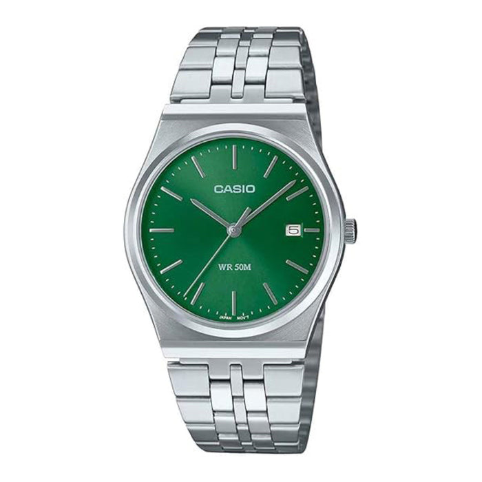 Casio Men's Green Dial Silver Stainless Steel Band 3-Hand Analog Japanese Quartz Watch - MTP-B145D-3AVDF