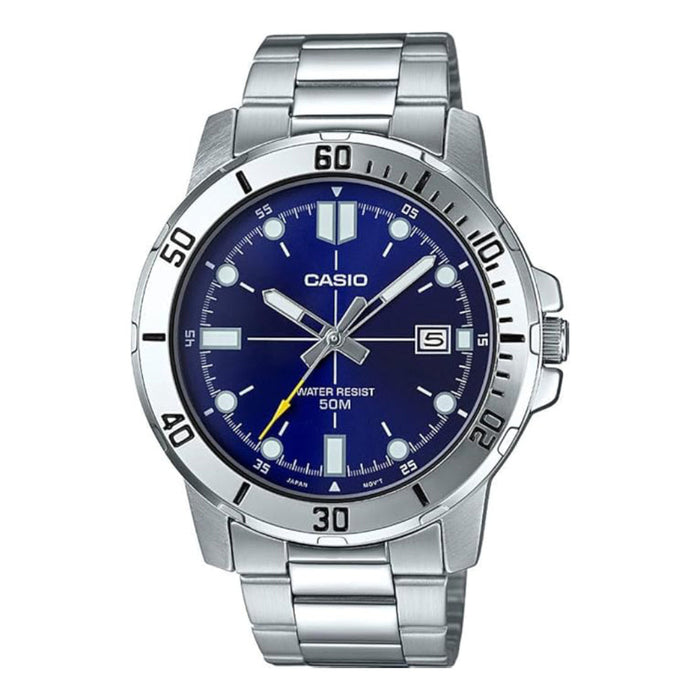 Casio Men's Blue Dial Silver Stainless Steel Band Analog Japanese Quartz Watch - MTP-VD01D-2EVUDF