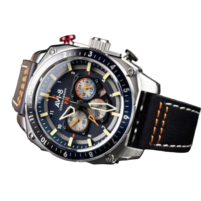 AVI-8 Unisex Blue Dial Leather Band Analog Hawker Hunter Atlas Dual Time Chronograph Quartz Watch - AV-4100-02