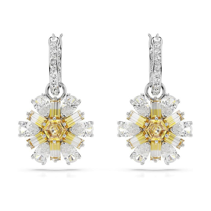 Swarovski Women's Flower Motif With Yellow And Clear Mixed-Cut Stones In A Rhodium-Finished Setting Idyllia Drop Earrings - 5683243